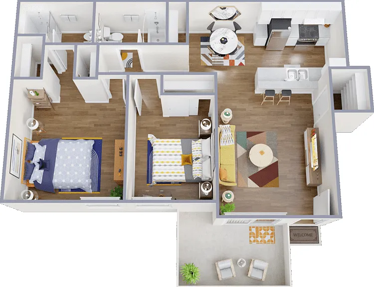 Two-Bedrooms, Two-Bathrooms Floorplan Diagram