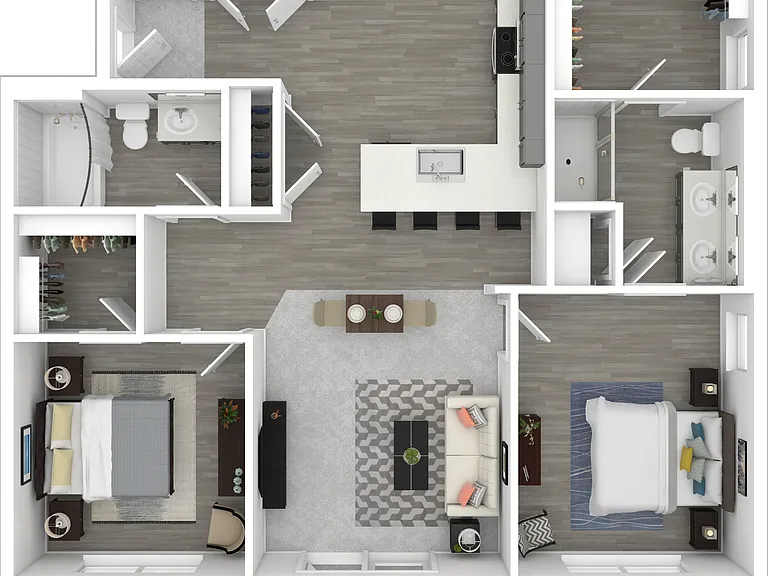 The Redbud is the 1084-square-foot, two-bedroom, two-bathroom home that fits your life perfectly. It features a smart, separated layout, handy in-unit laundry, plenty of walk-in closet space, and a private patio or balcony for that morning coffee. The Red