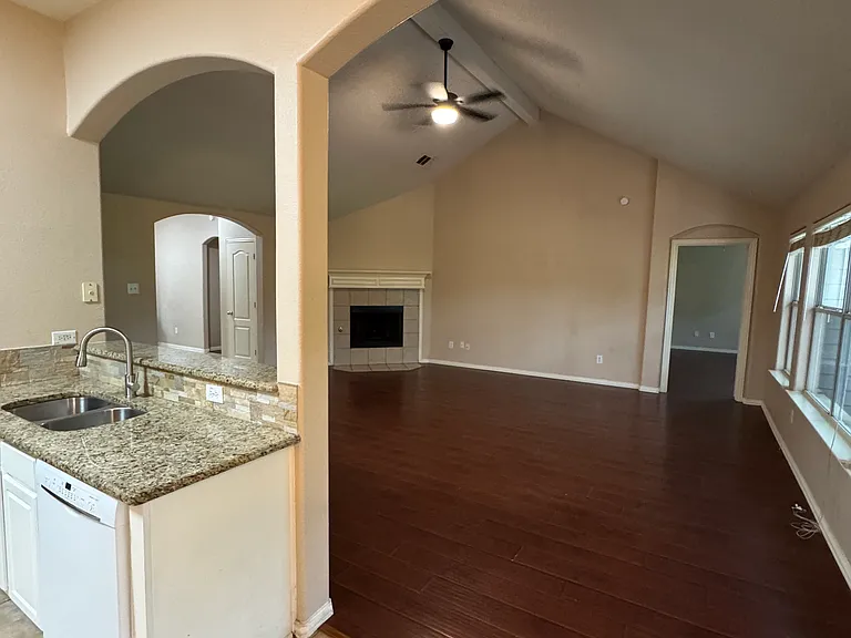 View from kitchen overlooking living room