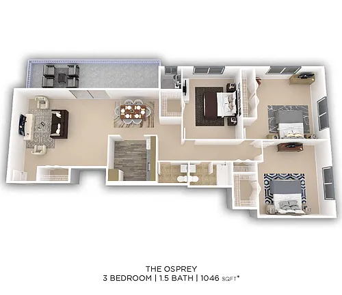 Floor plan Three Bedroom 1.5 Bath - 1,046 sqft