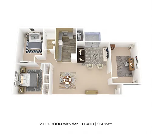 Floor plan Two Bedroom w/ Den - 931 sqft