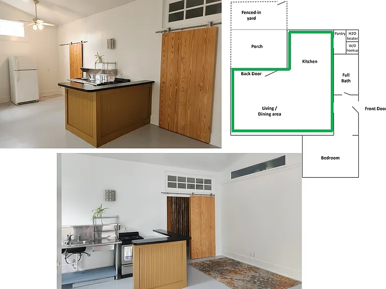 Kitchen, pantry door (with w/d hookup), hallway door (to bedroom / bathroom); 
Floor plan with living / dining / kitchen area highlighted
