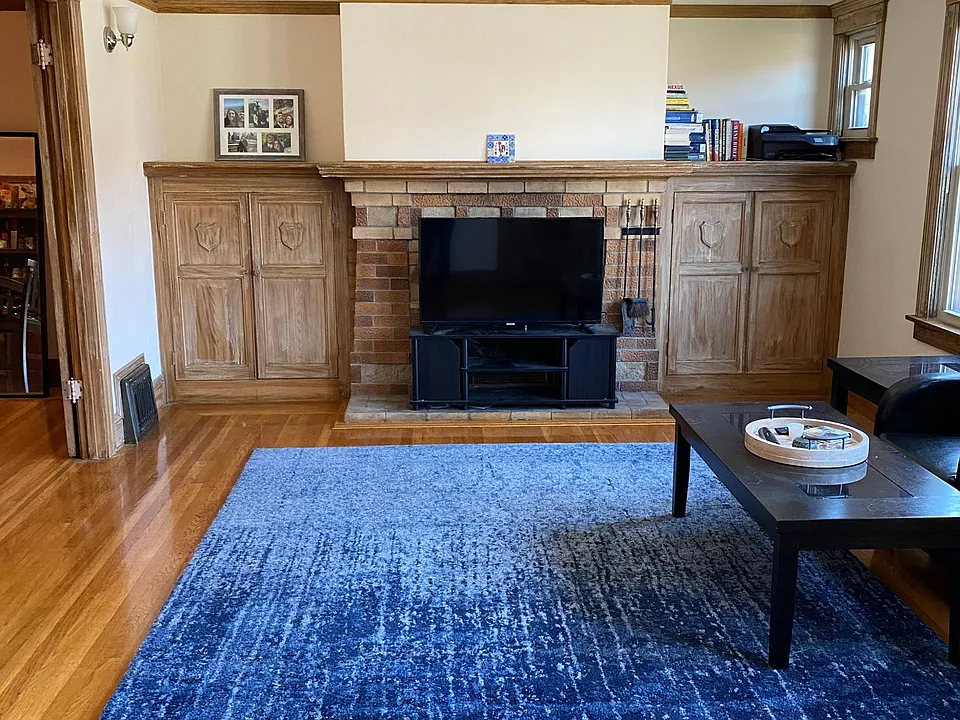 Living room with built in book cases