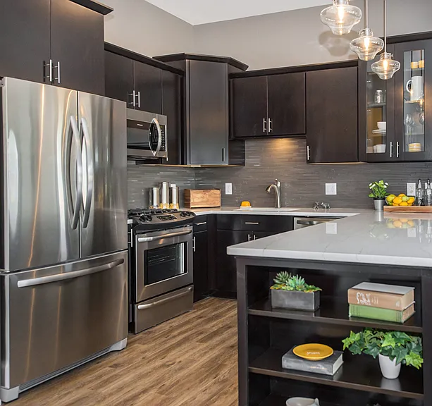 Kitchen with stainless steel appliances.
