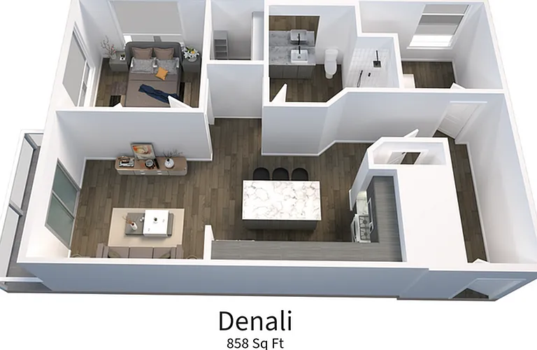 Explore the Denali layout with its inviting bedroom and spacious open kitchen, designed for modern living. Explore the Denali layout with its inviting bedroom and spacious open kitchen, designed for modern living.