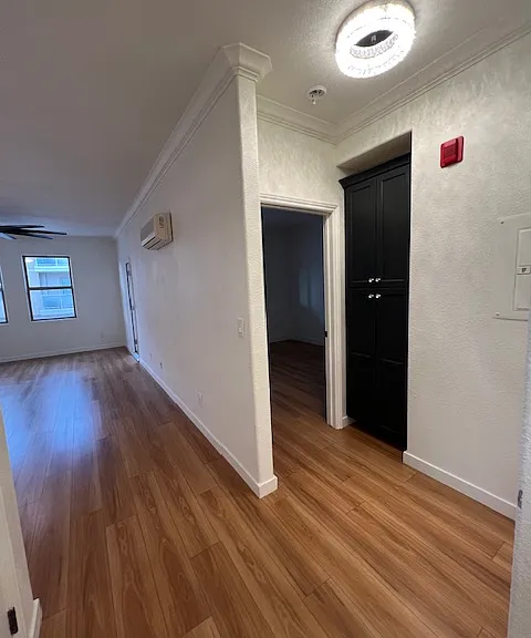 Entryway inside the unit . Straight ahead is the living area and dining area.and counter into the kitchen. First door to the right is the bedroom with huge picture windwo that overlooks the private outside balcony. The blue doors are more storage.