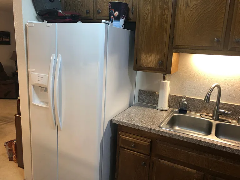 New side-by-side refrigerator with ice dispenser. Granite countertop with stainless steel sink and gooseneck faucet.