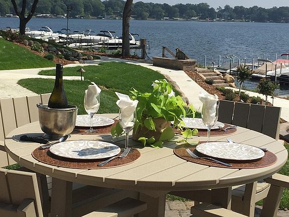 Looking at the lake and our docks from the outdoor dining ar