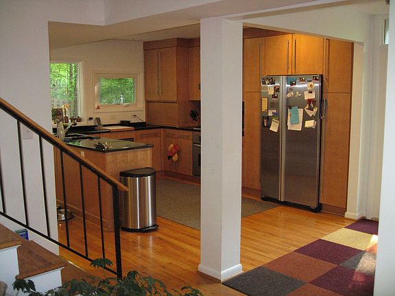 View of the kitchen from the living room. 