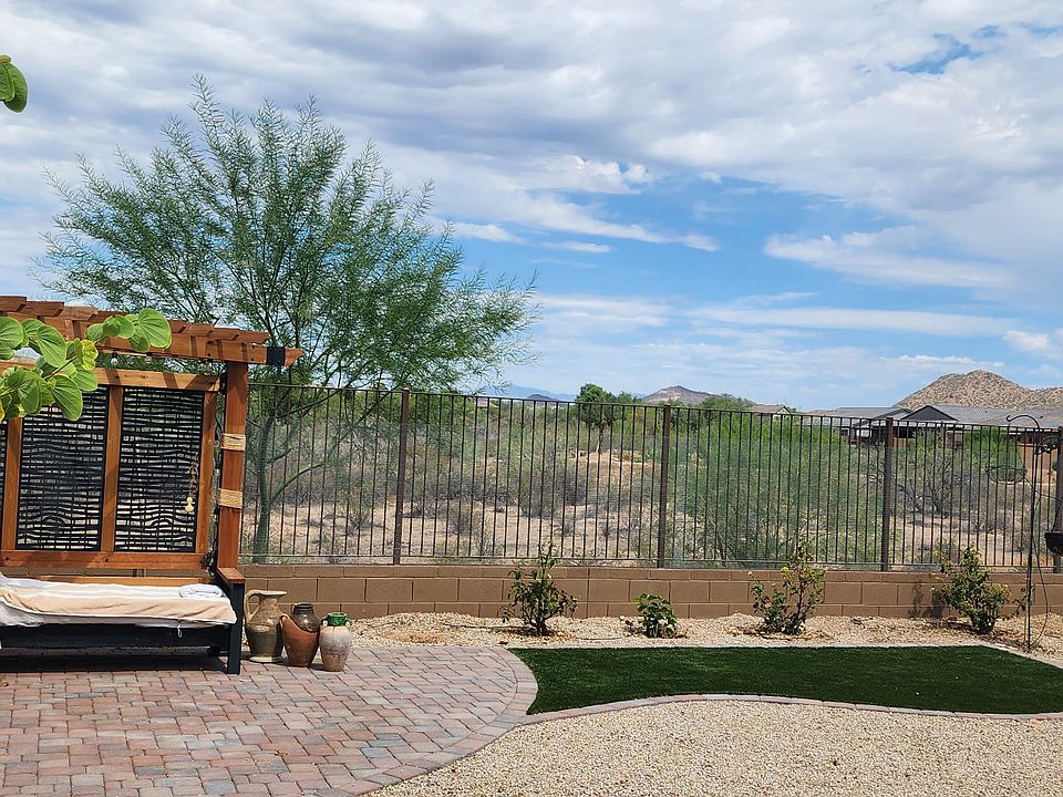 Unique pergola with shade trees & mountain view