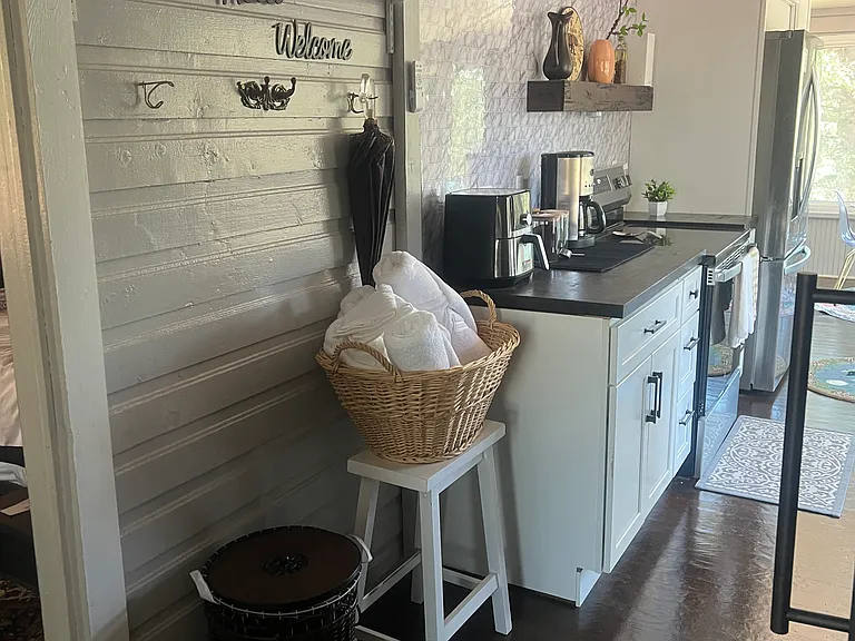 A place to hang your coats, plenty of towels for sauna and the hamper.