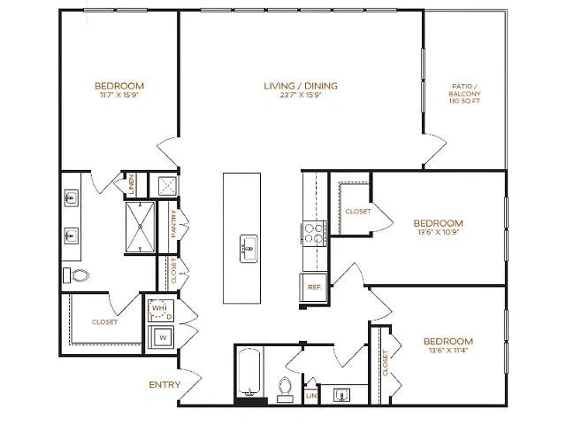Floor plan 3 Bed, 2 Bath B (80% Income Restricted)
