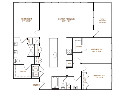 Floor plan 3 Bed, 2 Bath B (80% Income Restricted)