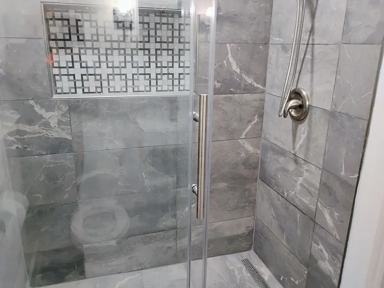 Glass shower doors.