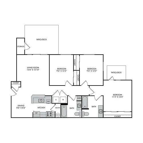 Floor plan Three Bed, Two Bath