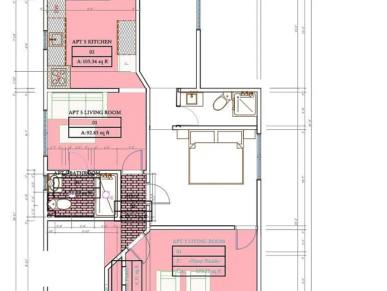 Floorplan of the second level. Pink fill shows the available apartment, on the top the 1 bedroom suite with bathroom, below the studio room with kitchen no bathroom. Available as add on for $400/ month upcharge.
