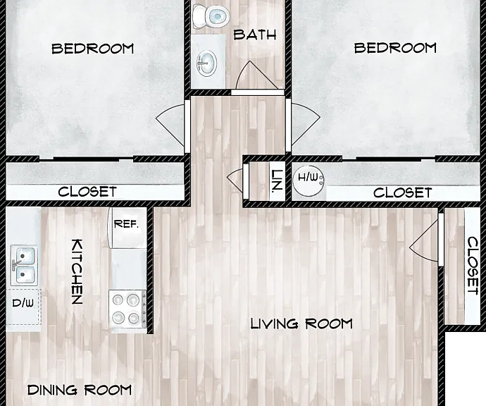 2 Bed 1 Bath Floorplan Diagram