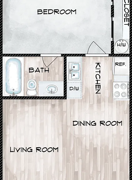 1 Bed 1 Bath Floorplan Diagram
