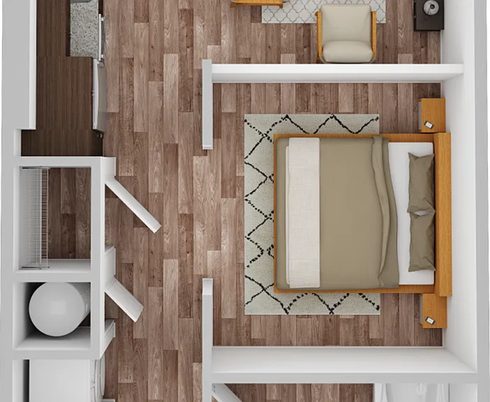 3D Floor Plan Rendering of the Columbia One-Bedroom, One-Bathroom Layout. 486 Square Feet. 3D Floor Plan Rendering of the Columbia One-Bedroom, One-Bathroom Layout. 486 Square Feet.