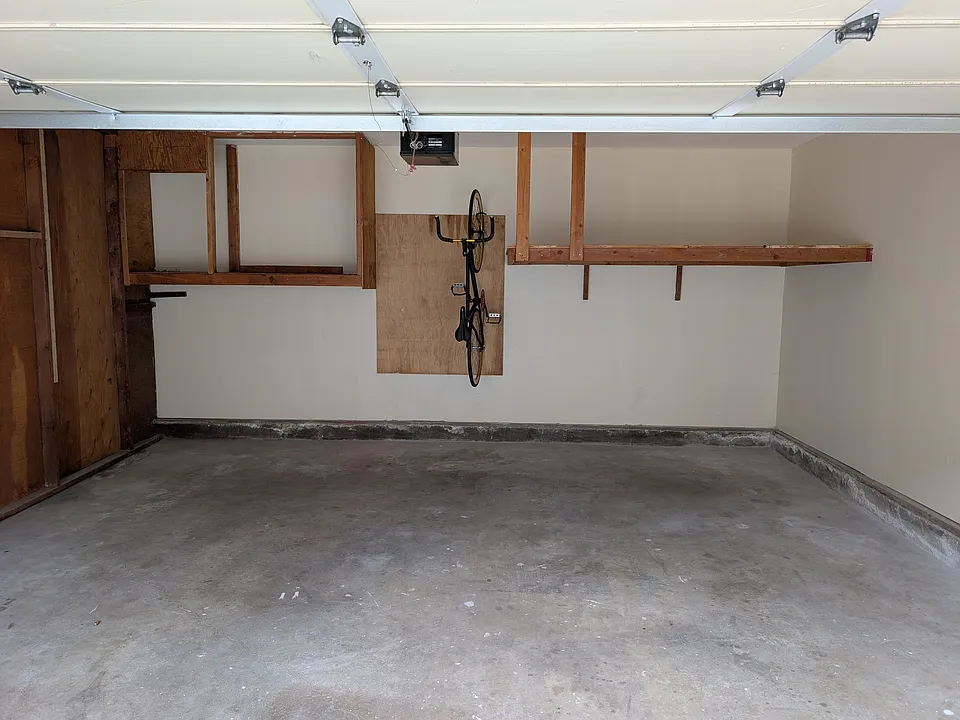 Garage storage shelves and wall built-in.