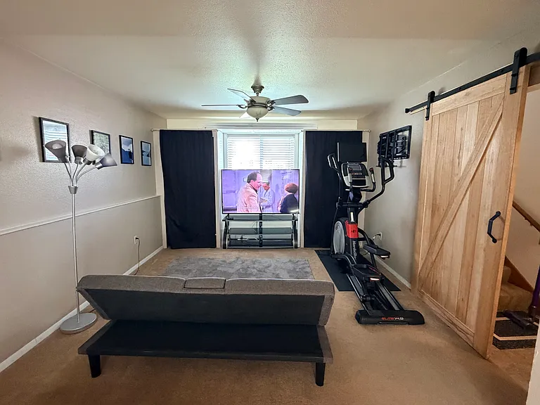 Downstairs bedroom with futon, TV, Eliptical and queen size bed
