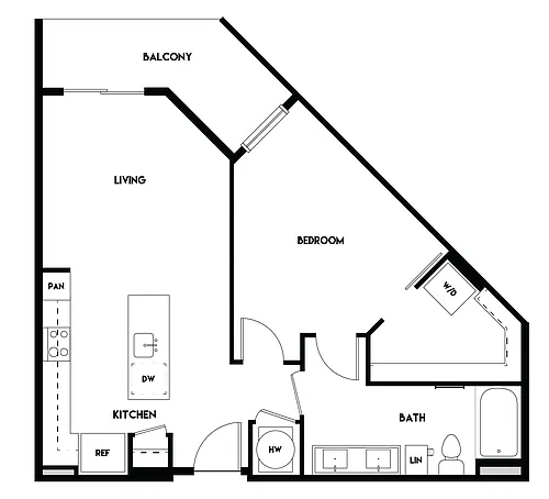 Floor plan 1BR 1BA (763 SF)