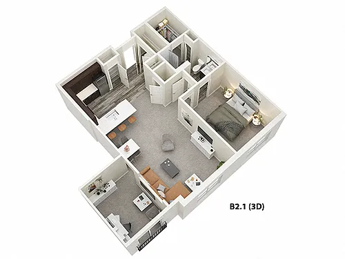Floor plan 1 Bed 1 Bath plus Den (B2)