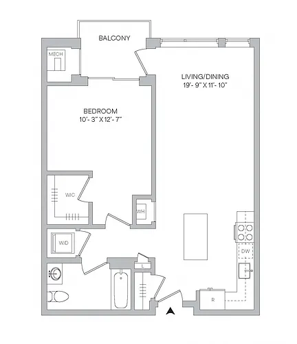 Floor plan A02 - 1BR 1BA (799 SF)