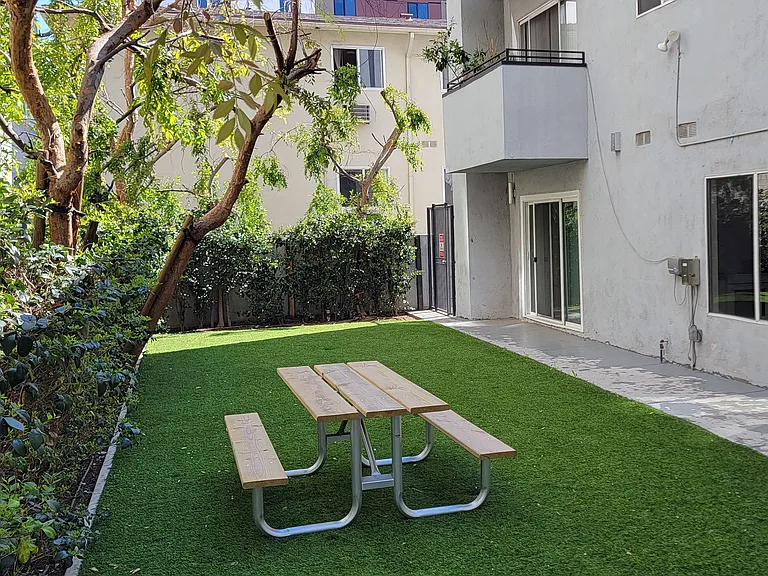 Peaceful garden area at the Carlton Apartments in Los Angeles, California.