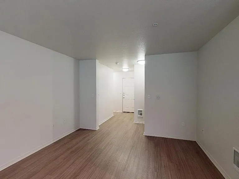 Spacious apartment bedroom with plush carpet flooring.