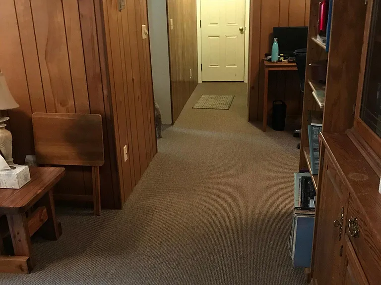 Downstairs hallway. Leads to split entrance, huge closet, 1/2 bath and laundry, 4th bedroom or den, and fire-door to the garage.