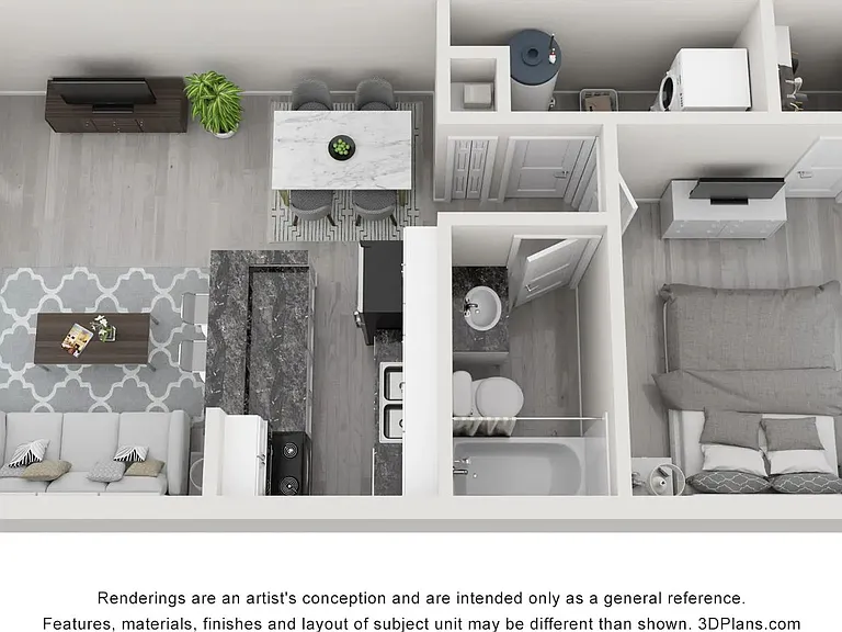 A 3D floor plan rendering of The Chic.