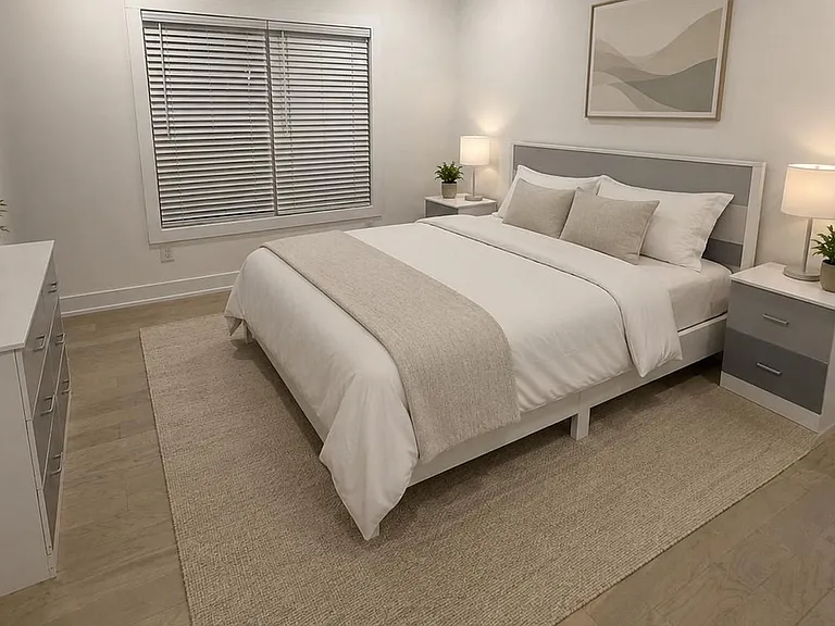 Well-appointed bedroom with a full bed, matching nightstands, dresser storage, and large windows with blinds.