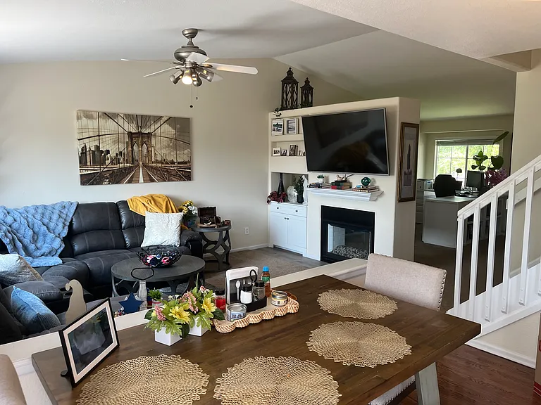 Living room with built-in shelves