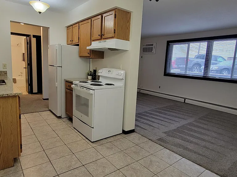 Tan granite countertops and New carpet in livingroom Apt 107