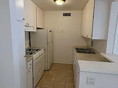 Kitchen with gas stove and refrigerator