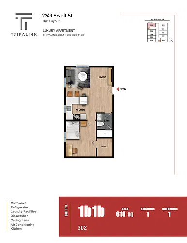 Floor plan 1 Bed 1 Bath - 610 sqft