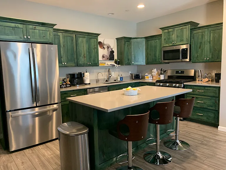 Your kitchen: All stainless steel appliances, a quartz topped breakfast bar with three leather counter height stools that make it easy to grab a quick breakfast before hitting the hiking trails or going shopping.