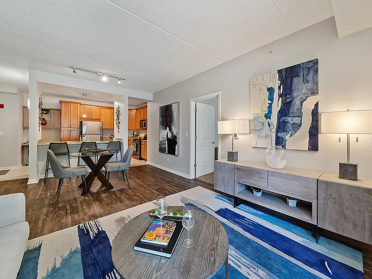 Modern living room with open layout and vibrant decor