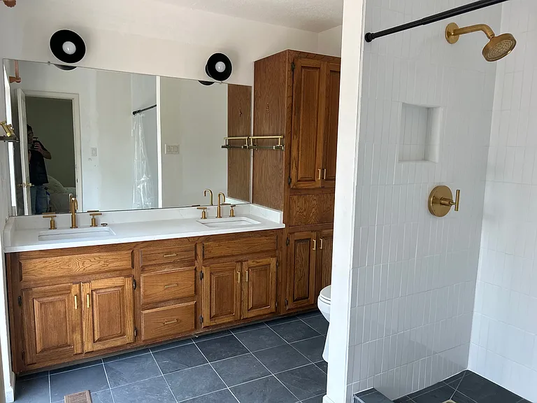 Large Bathroom with New Quartz Countertops, Tile and Brass Fixtures