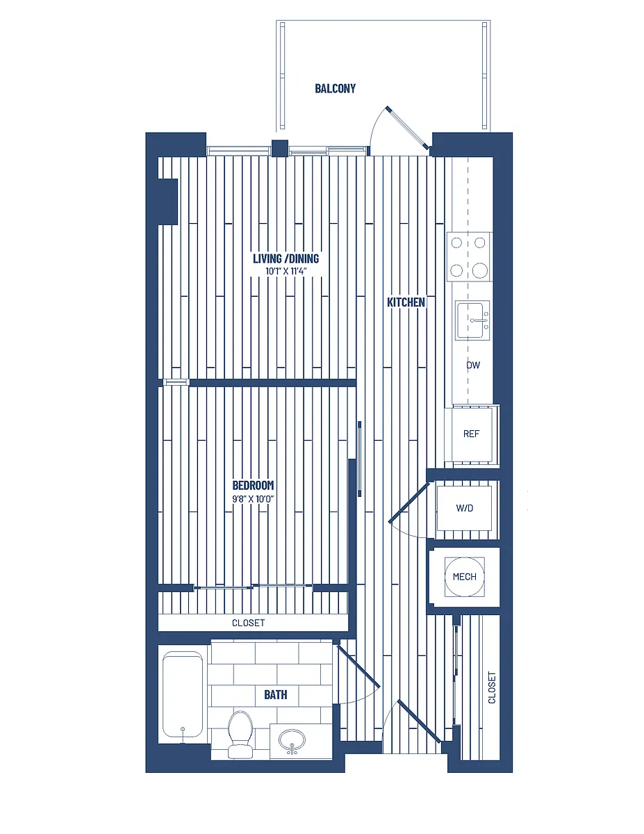 Floor plan 1 Bed/1 Bath Junior-HJR1B-Balcony