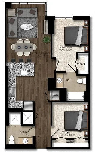 Floor plan 1 Bed/2 Bath Den-4E