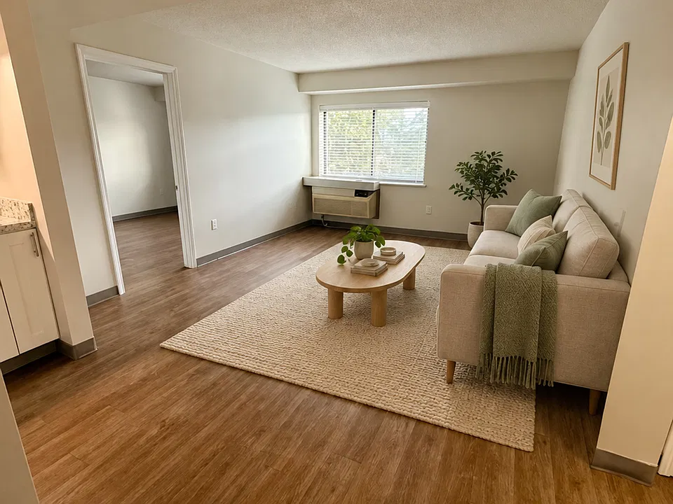 Living room - virtually staged; furnishings not included; features vary.