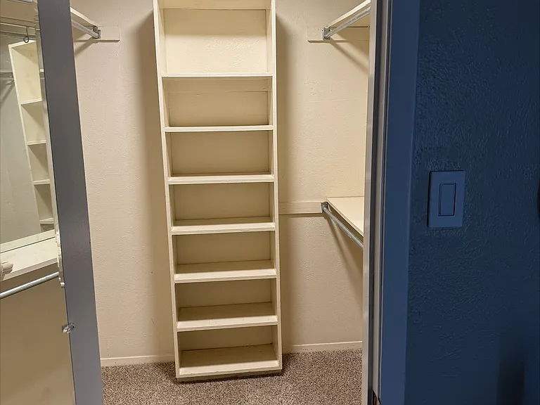 Large double sided walk in closet with new lighting and dressing mirror on door.