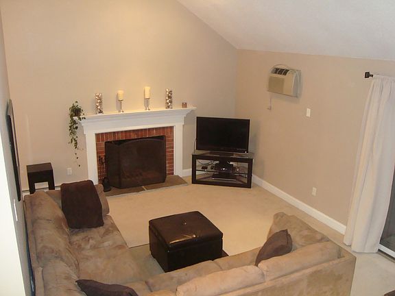 Living room has a grand, vaulted ceiling.