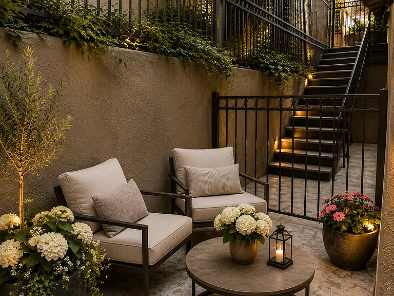 Private wrap-around patio with direct access from primary (suggested furnishings)