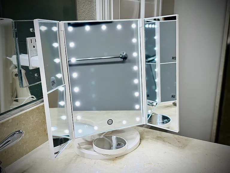 The light-up magnifying makeup mirror with adjustable brightness is wonderful before heading out.