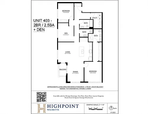 Floor plan 2 Bed 2.5 Bath + Den