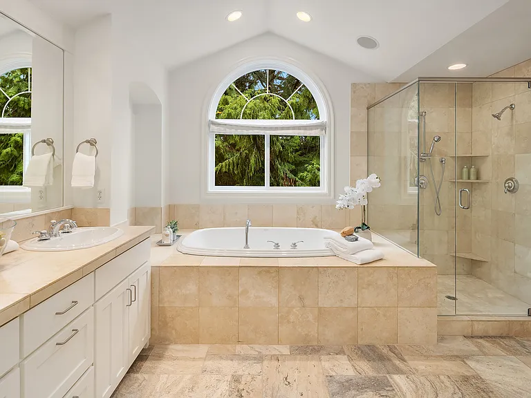 Master bath with walk in closet and backyard greenery