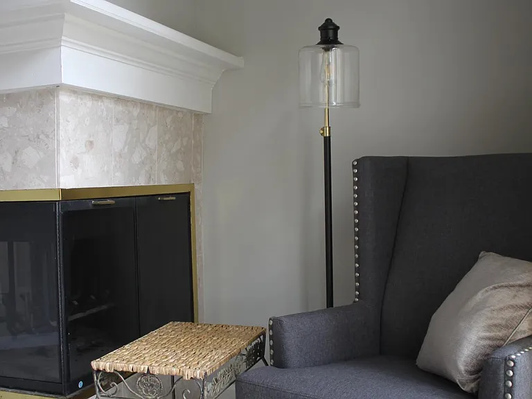 Master bedroom reading nook and fireplace